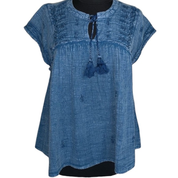 Rachel Zoe Blue Vintage Wash Embroidered Babydoll Tee Top Shirt size small - Picture 1 of 5